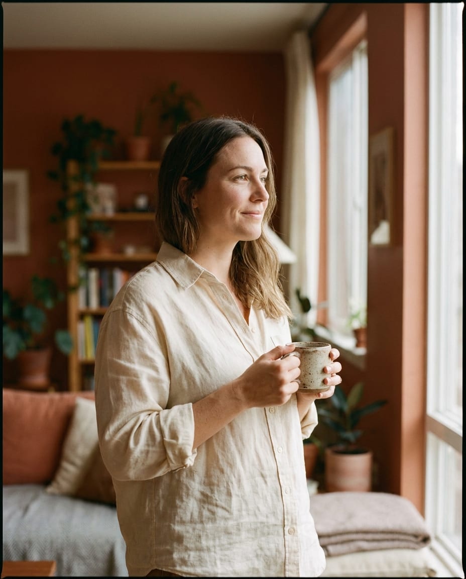 A calm morning moment at home — a warm mug, soft window light