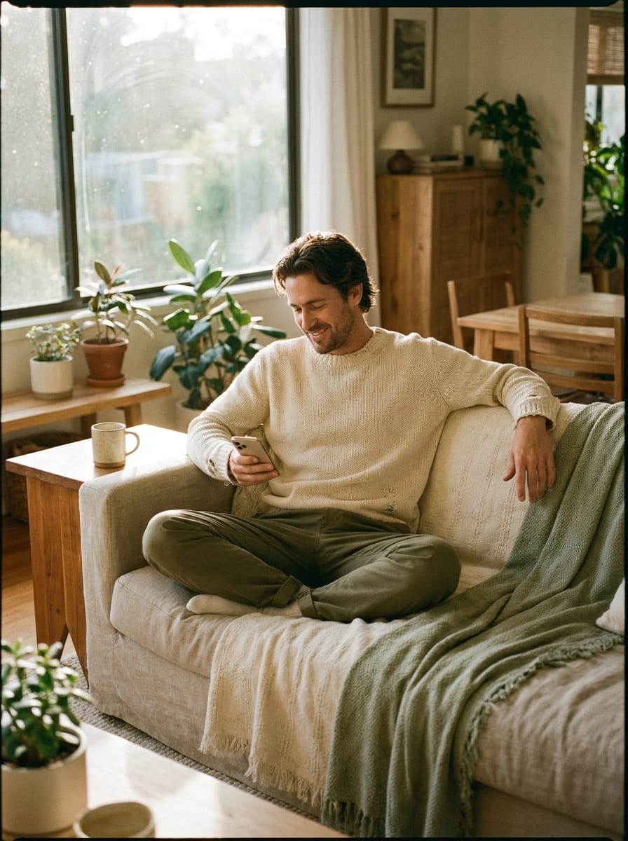 A relaxed start to the day — setting up on the couch with a coffee