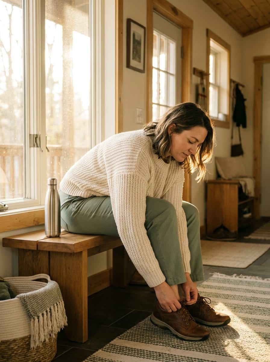 Lacing up walking shoes by the window — the small next action