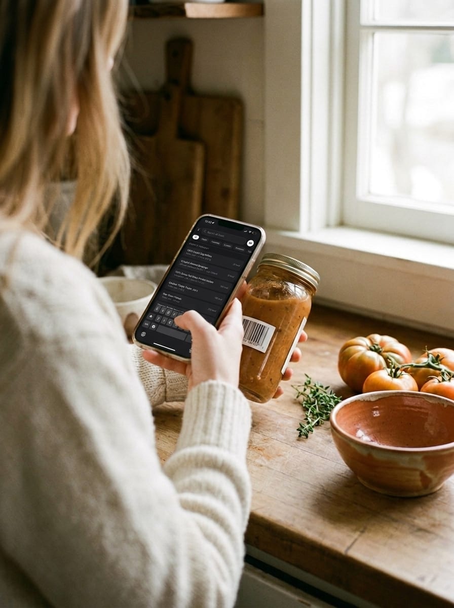 Logging food in the Ardenti app while scanning a jar's barcode in a warm kitchen