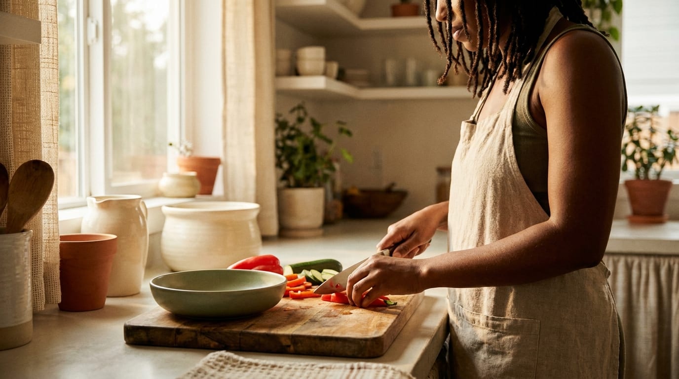 Hands slicing fresh vegetables in a calm home kitchen
