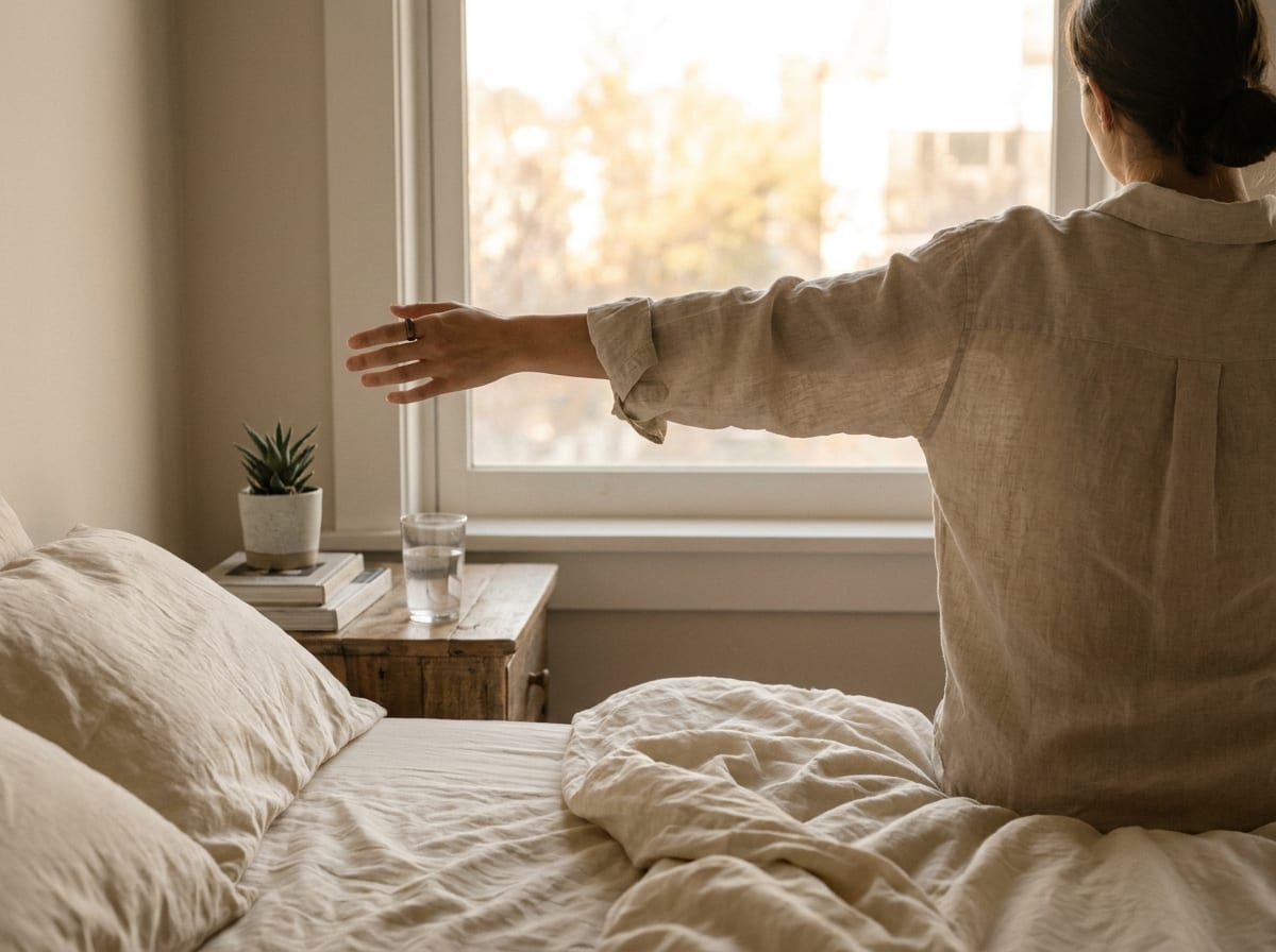 A quiet morning bedside scene in soft dawn light
